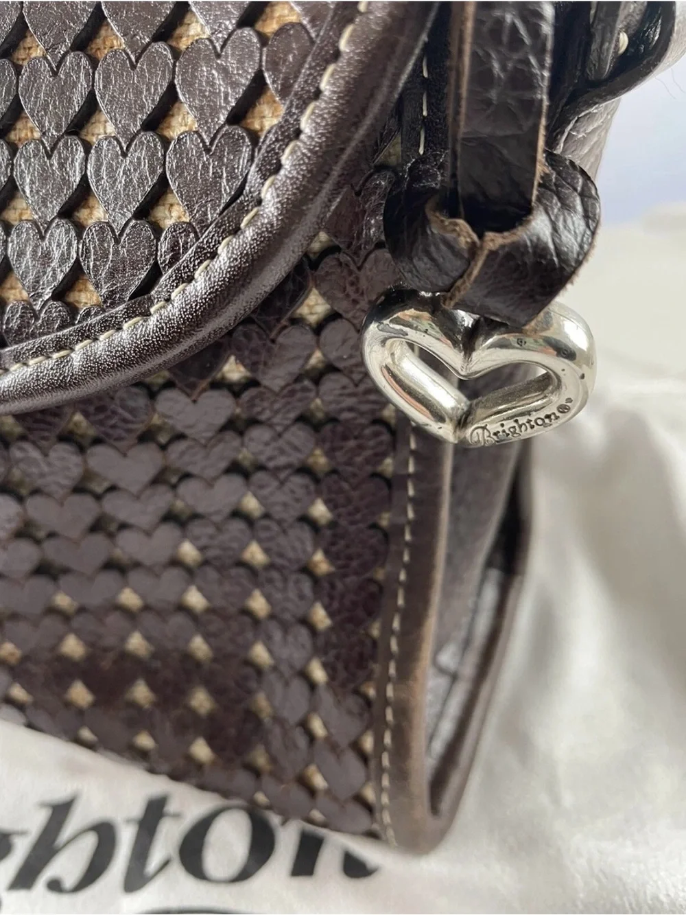 Brighton East West Leather Heart cut out woven Crossbody Bag - Dark Brown